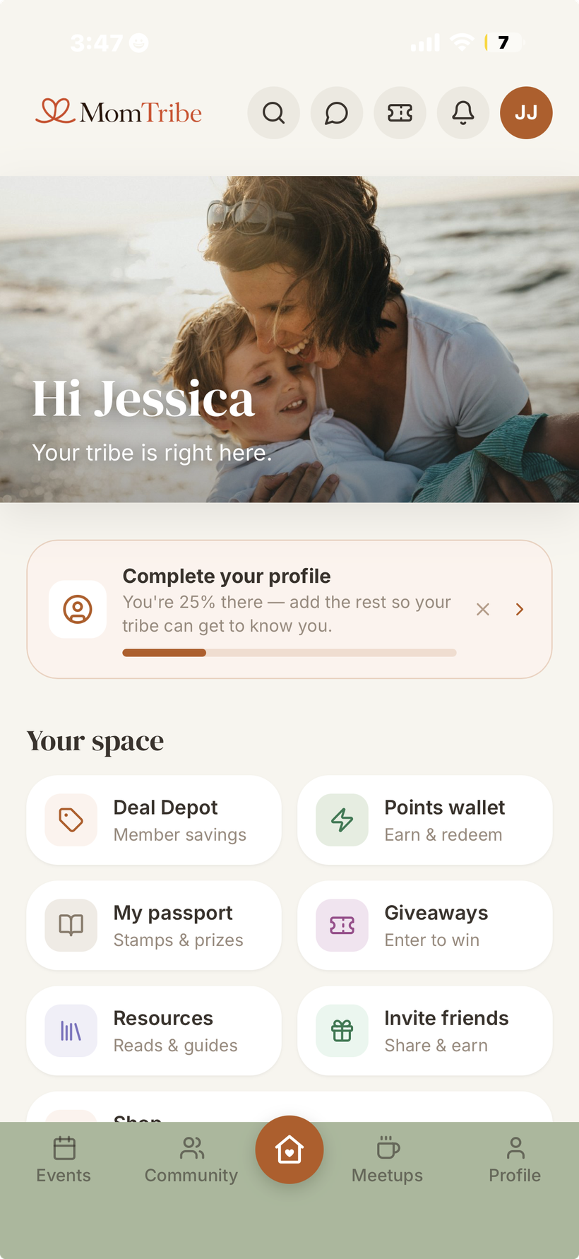 MomTribe app home screen